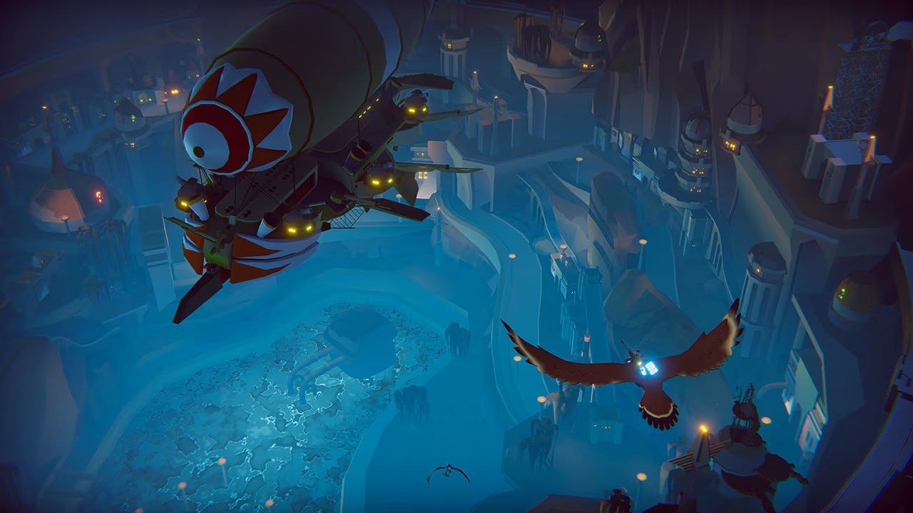 A bird shaped vessel on the lower right side of the screen flies toward an airship to its upper left.