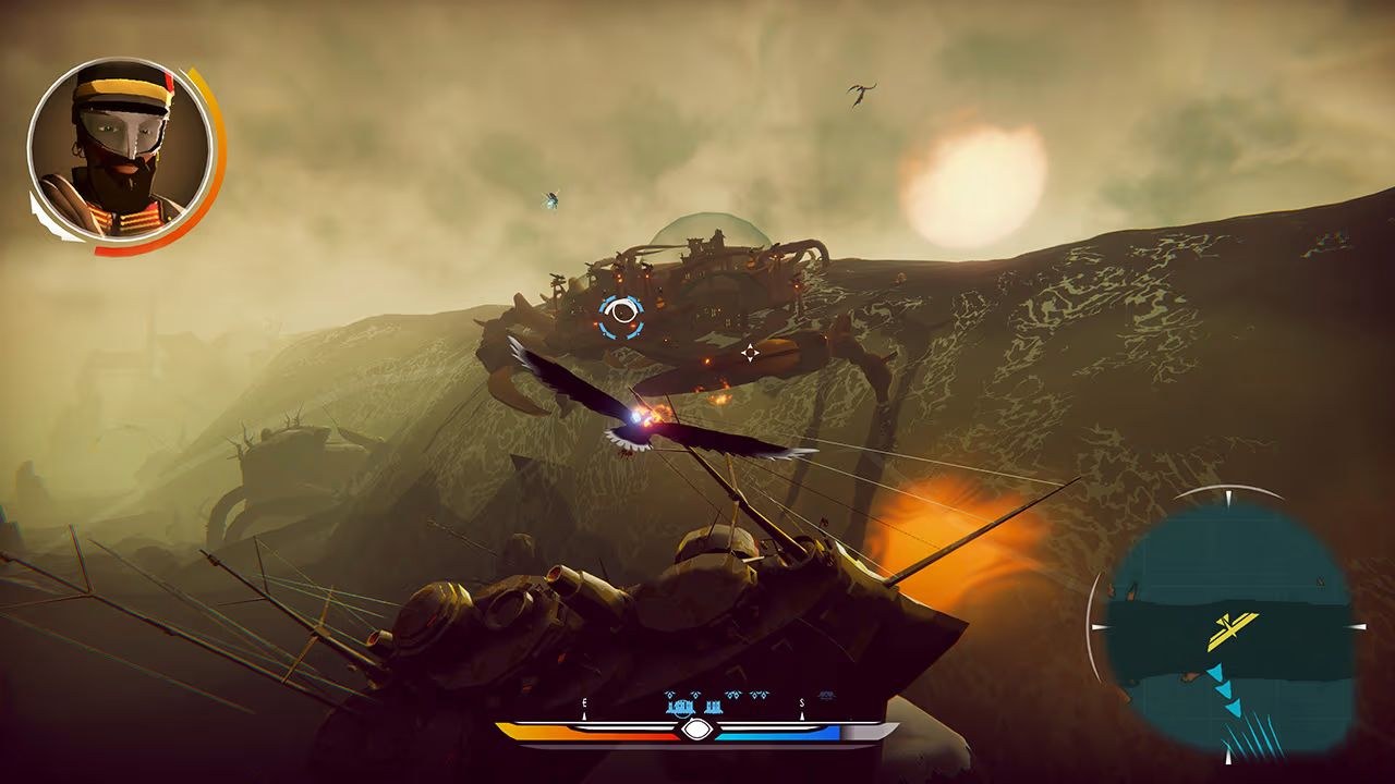 A bird-shaped vessel flies through a gloomy brown landscape, toward a crab-shaped enemy aircraft.