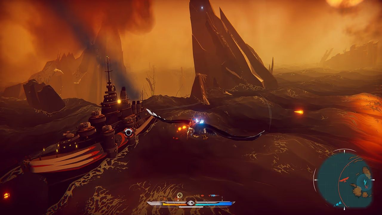The bird-shaped ship flies over a roiling brown sea, while a ship floating in the water to the left fires orange bullets.