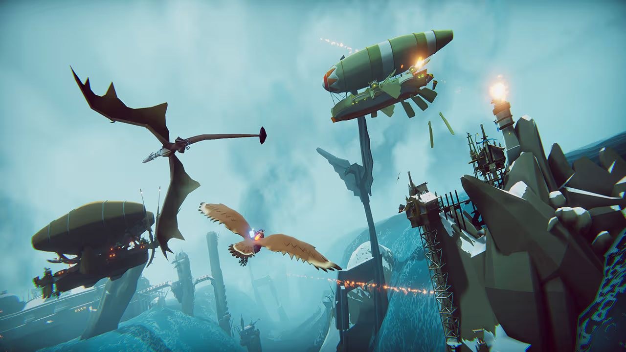 The player ship soars through the skies, among a series of flying blimps and craft as they pass a rock outcropping that extends from a massive waterflow.