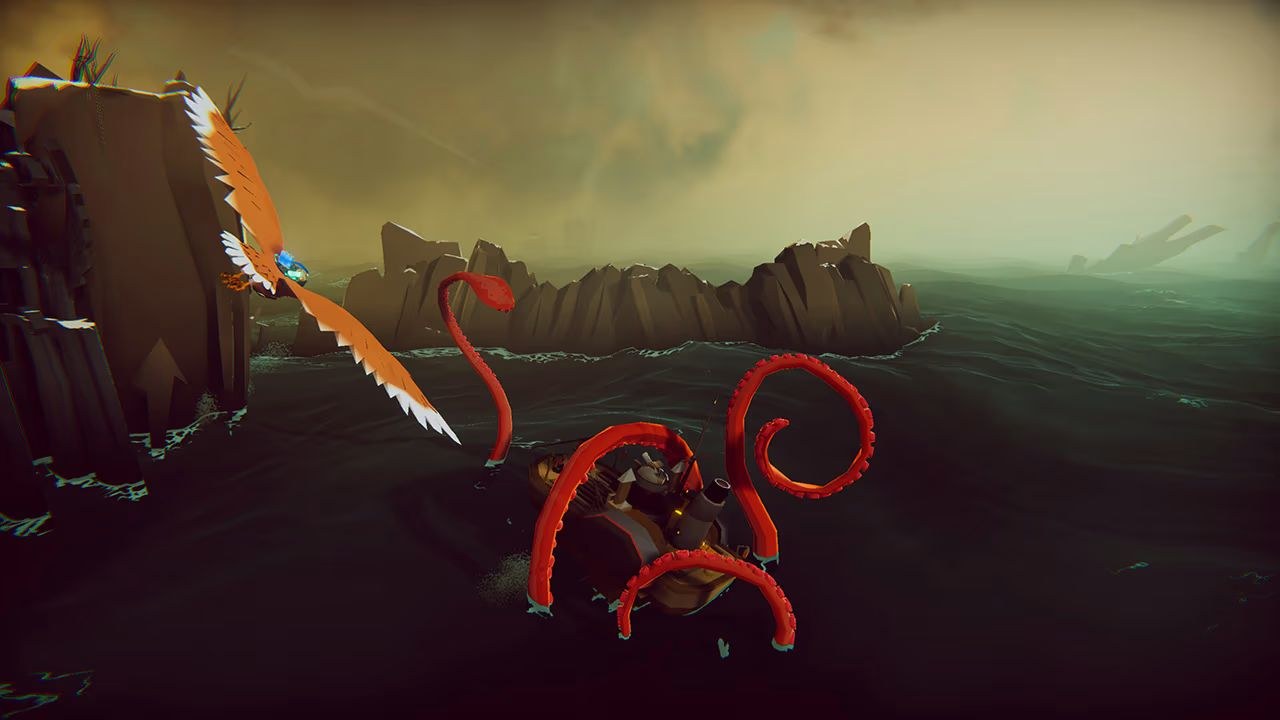 A bird-shaped vessel swoops to the left of a series of tentacles rising from the water around a ship.