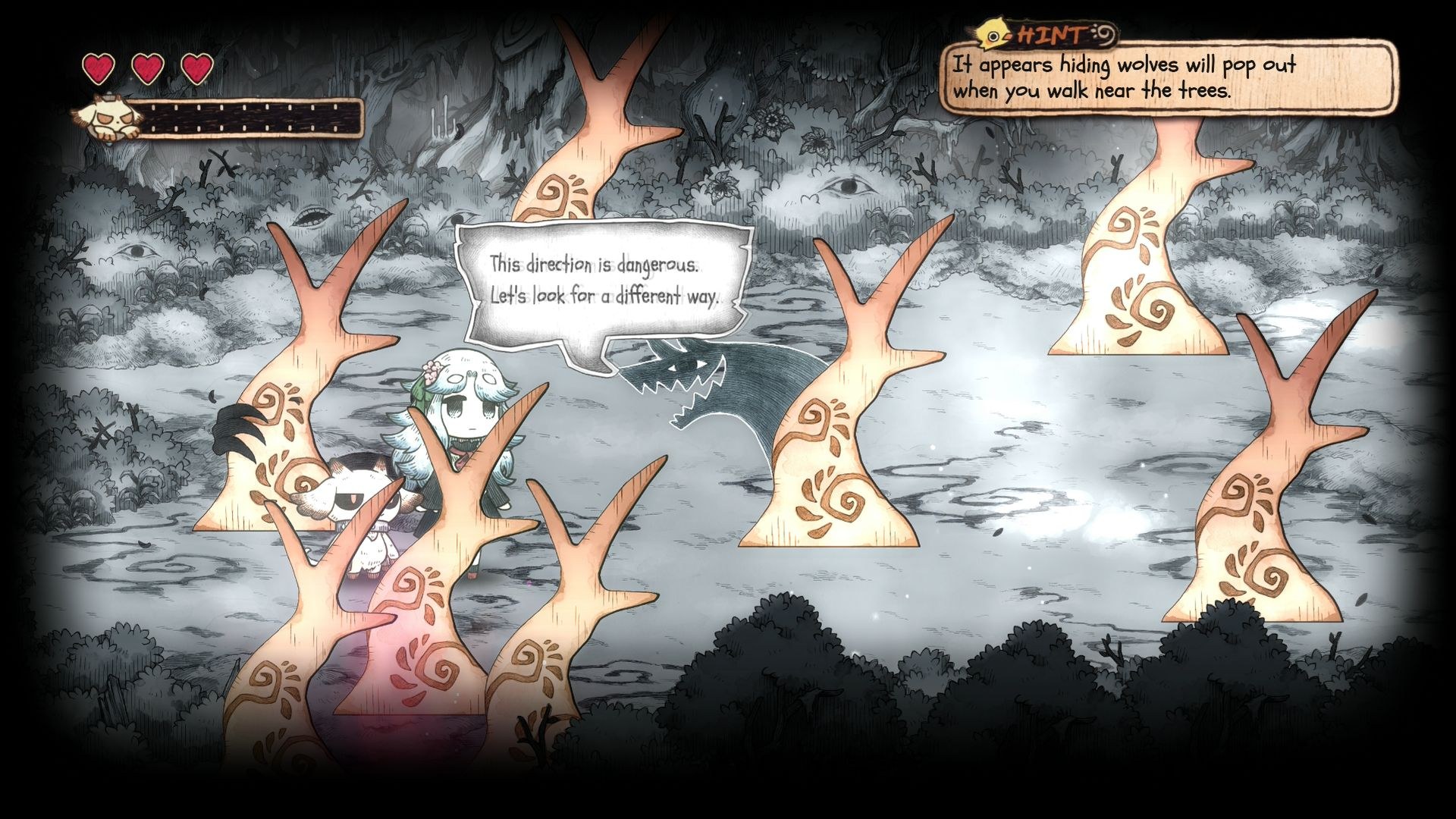 Mono and her friend wander through a gray environment with trees spread around it, where a wolf has emerged from behind one of the trunks.