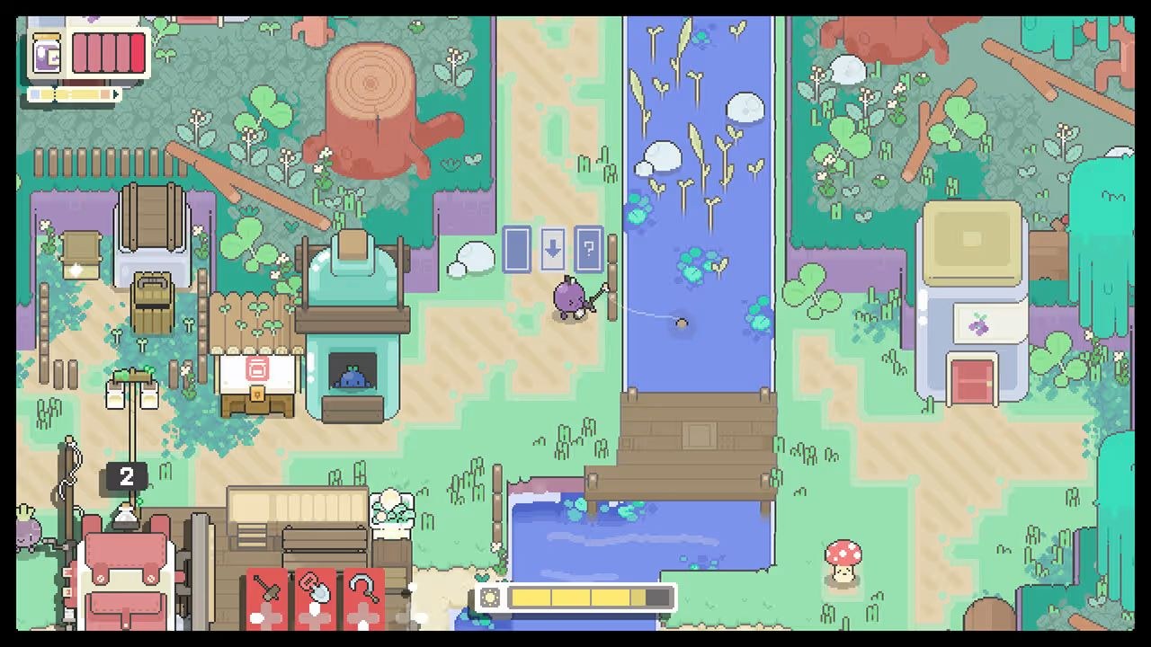Characters are in a village, with a purple stream running through it. A purple character stands along the bank, fishing.