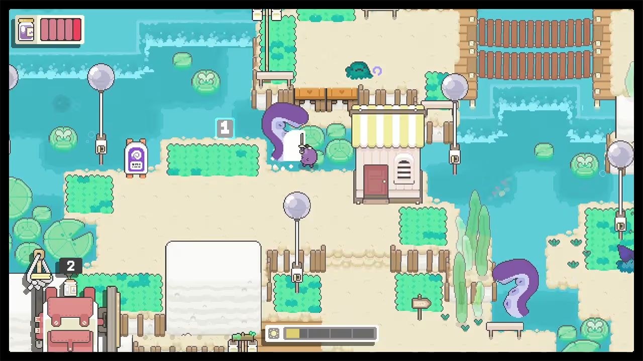 A bulbous purple critter holds up a sword while standing along the edge of a stream where a purple tentacle monster rises out of the water.