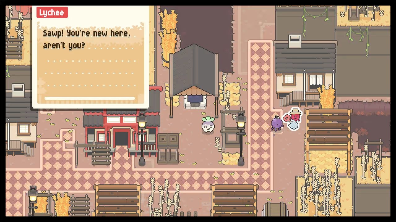 A purple vegetable stands near a red strawberry in a cowboy hat named Lychee, who is presenting a shovel.