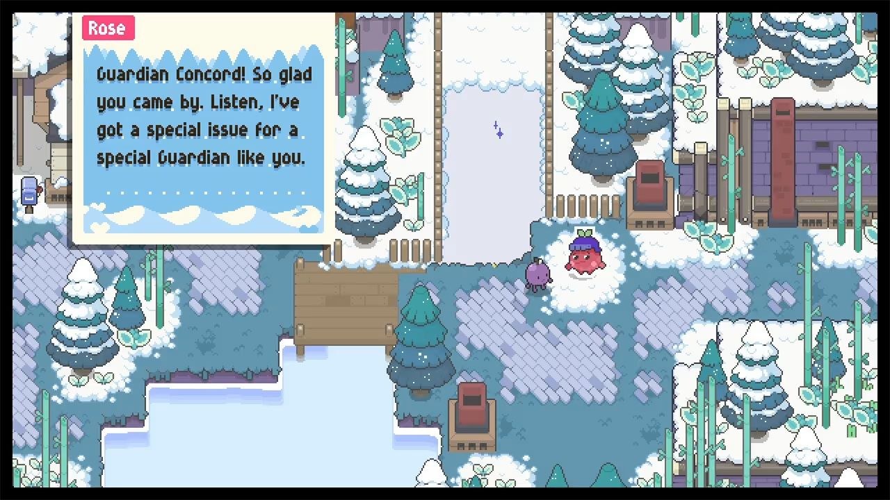 In a snowy area, the purple hero meets a red character in a cap named Rose, who is presenting a special issue that needs to be resolved.