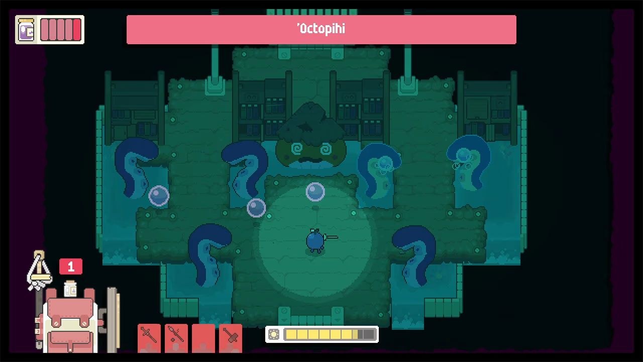 In a dark underground area, the hero stands in a circular patch of light, facing an octopus character identified as Octopihi, which has tentacles emerging from water around them.