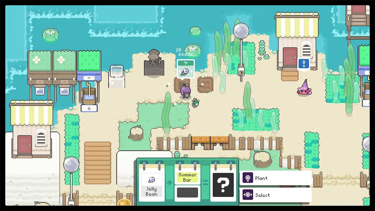 A purple hero stands in a village environment, along a shoreline, apparently freshly in possession of a Jelly Bean item.