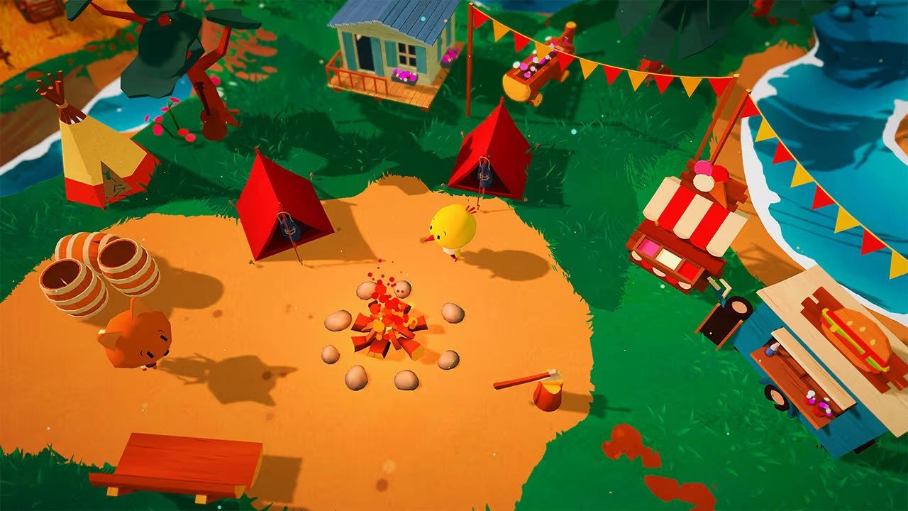 A bird stands in a campground, near two tents and a cheery campfire, by daylight.