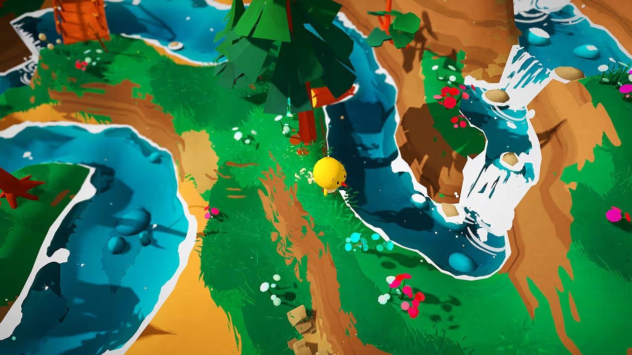 A bird runs along a grassy path near a stream with waterfalls.