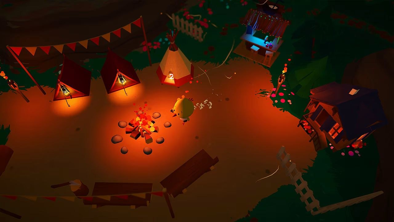 At night, a bird stands near a campfire, with tents and a cabin in the backdrop.