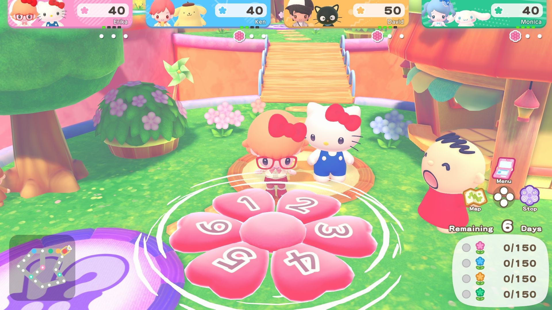 Hello Kitty and her friends stand near a flower with numbers on its petals that is spinning.