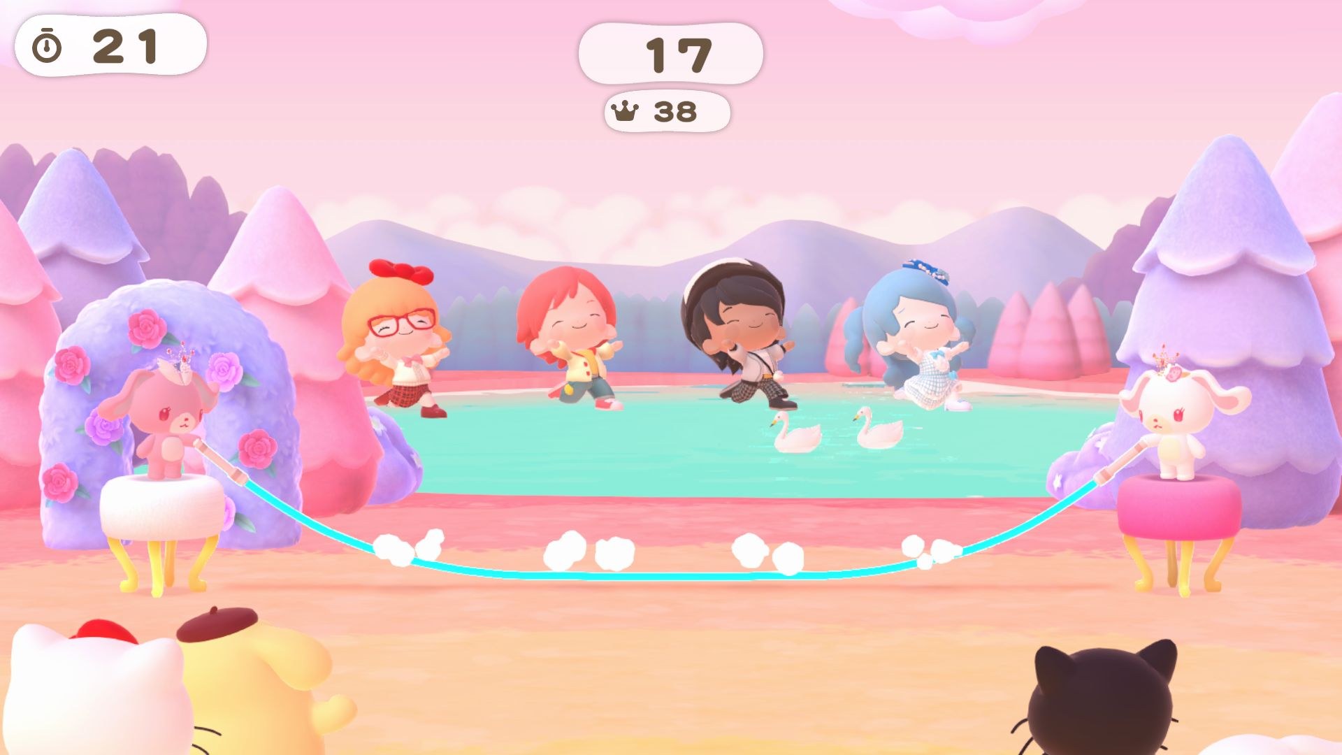 Four characters are lined up in a row and have leaped into the air to hop a jump rope that is presently swinging beneath them.