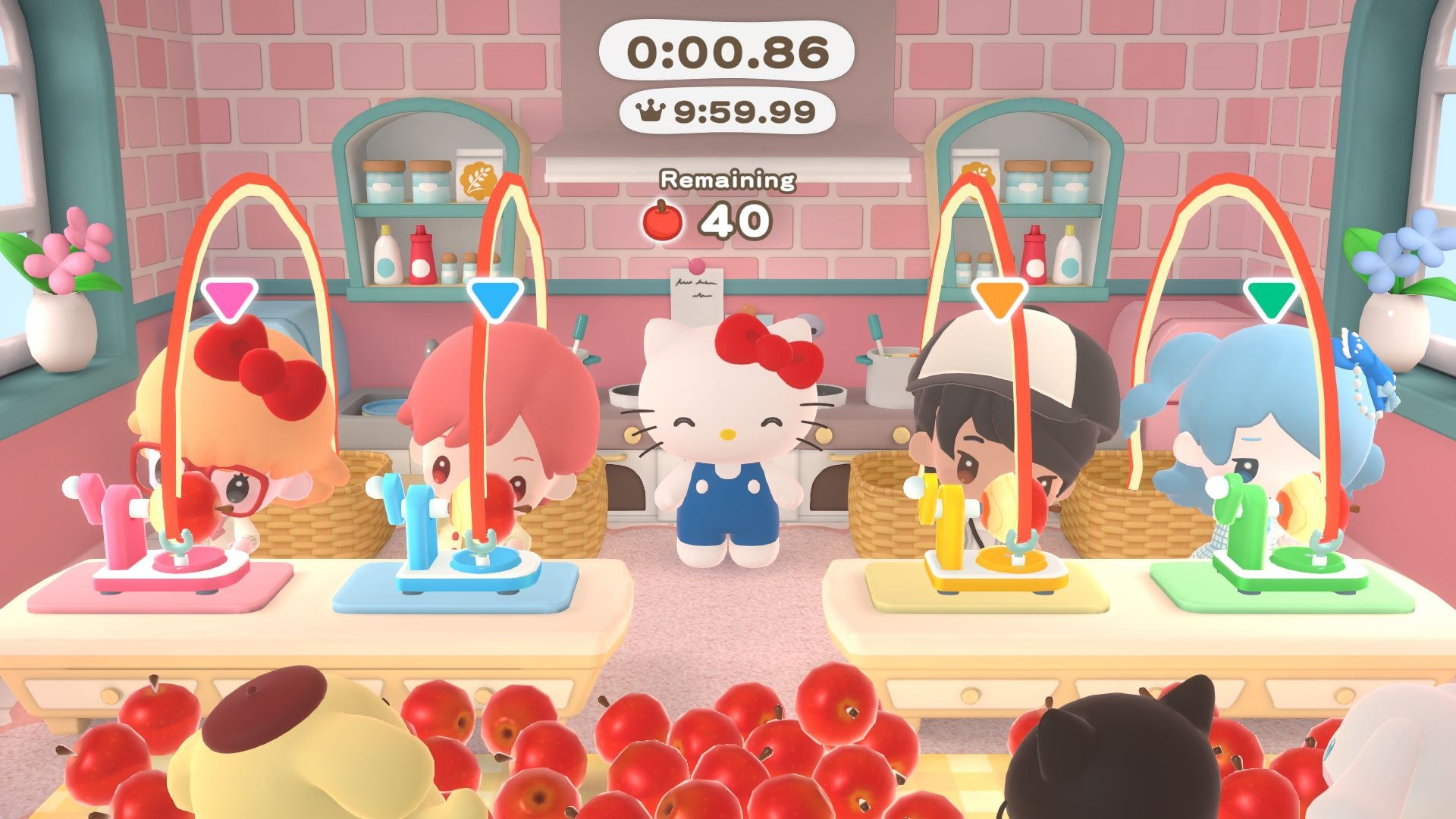 Hello Kitty stands between two characters on either side who are furiously peeling apples with peeling contraptions.