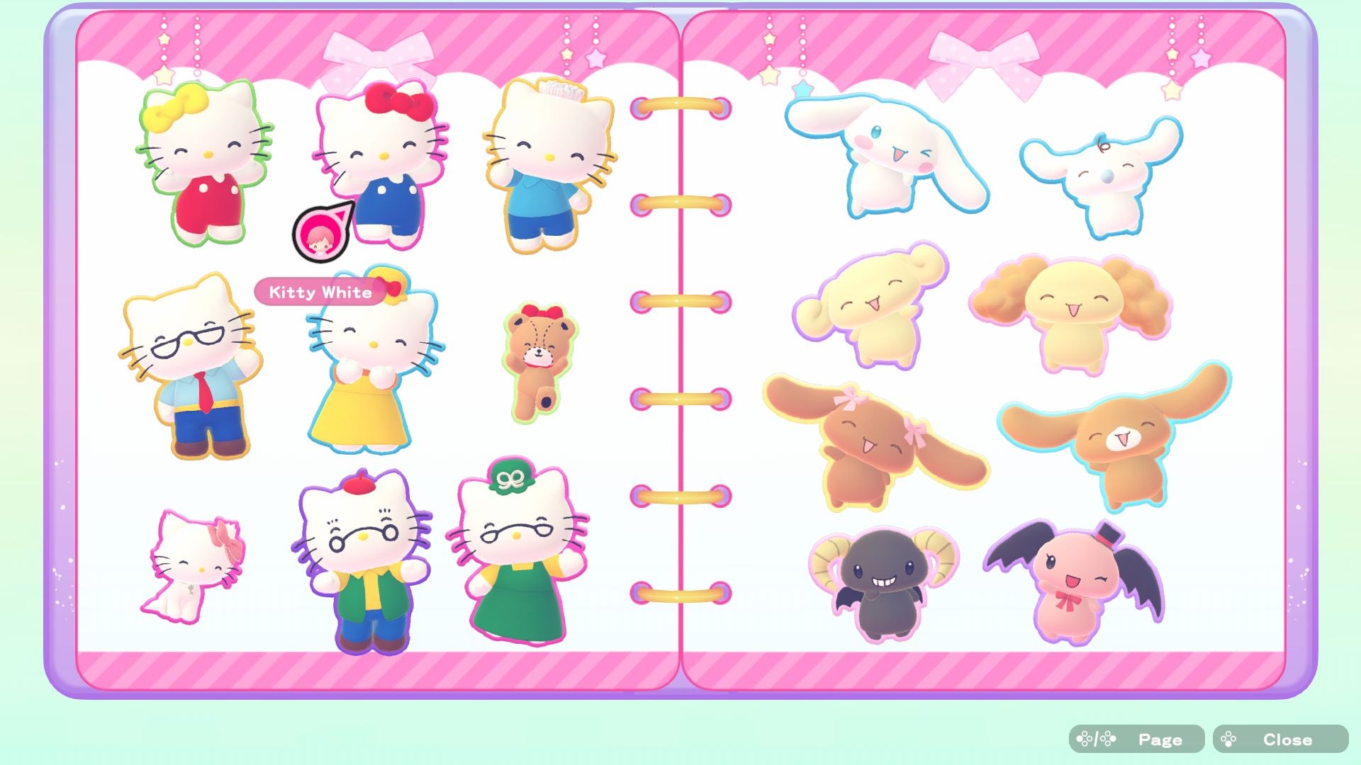 A sticker book shows various Hello Kitty characters in different outfits, placed within a notebook.