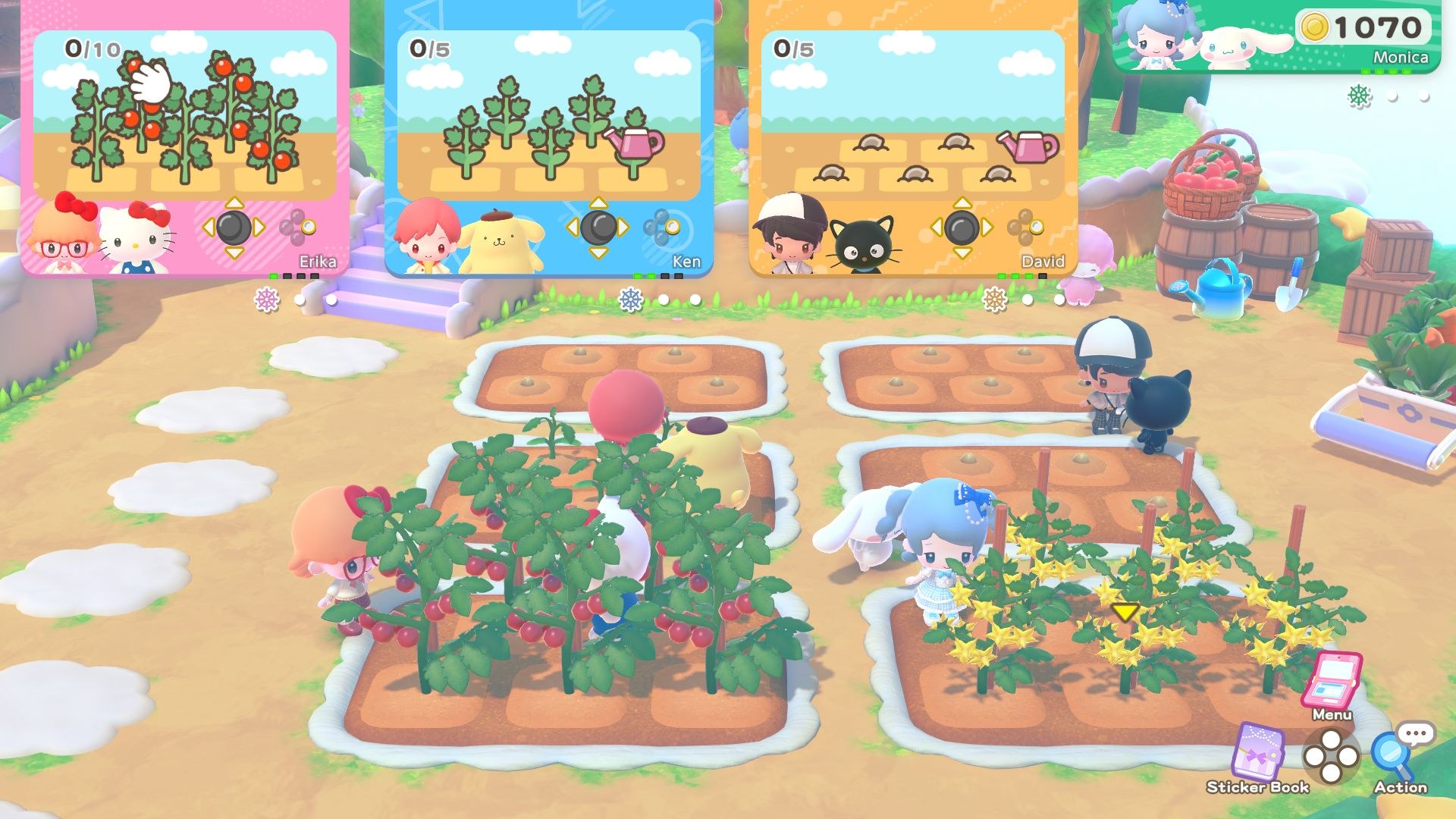 The characters appear to be in a communal garden area, working multiple plots. The two plots at the bottom have tomatoes and other plants growing.