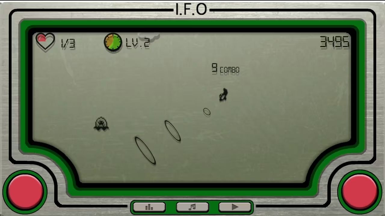 I.F.O appears as an old LCD game, with an airplane and a UFO flying in an open sky, energy waves being fired between them.