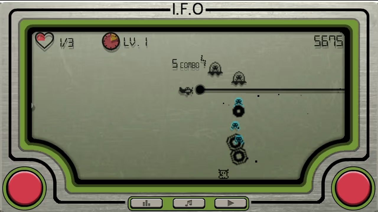 I.F.O appears as an old LCD game, with an airplane flying toward the right and firing a laser blast toward approaching UFOs and other objects.