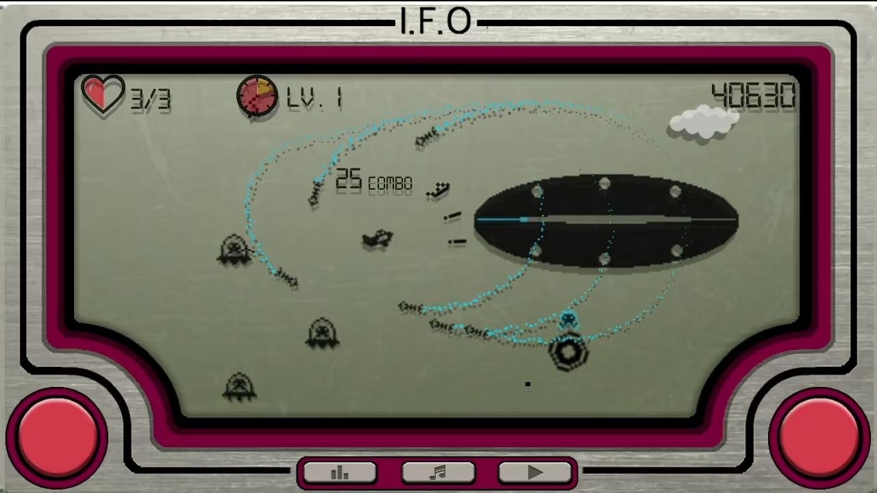 I.F.O appears as an old LCD game, with an airplane firing toward a blimp-shaped object as UFO crafts circle behind it.