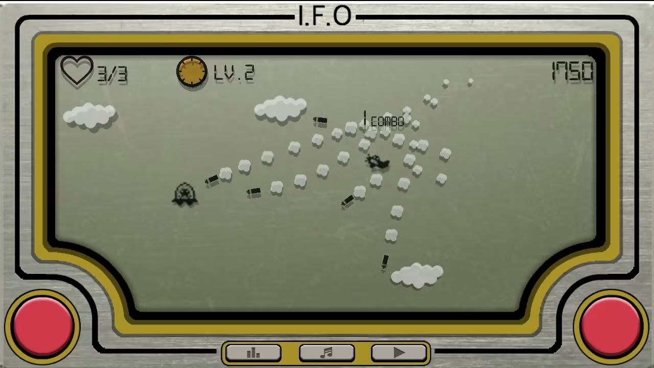 I.F.O appears as an old LCD game, with an airplane flying left toward a UFO and firing a barrage of missiles.