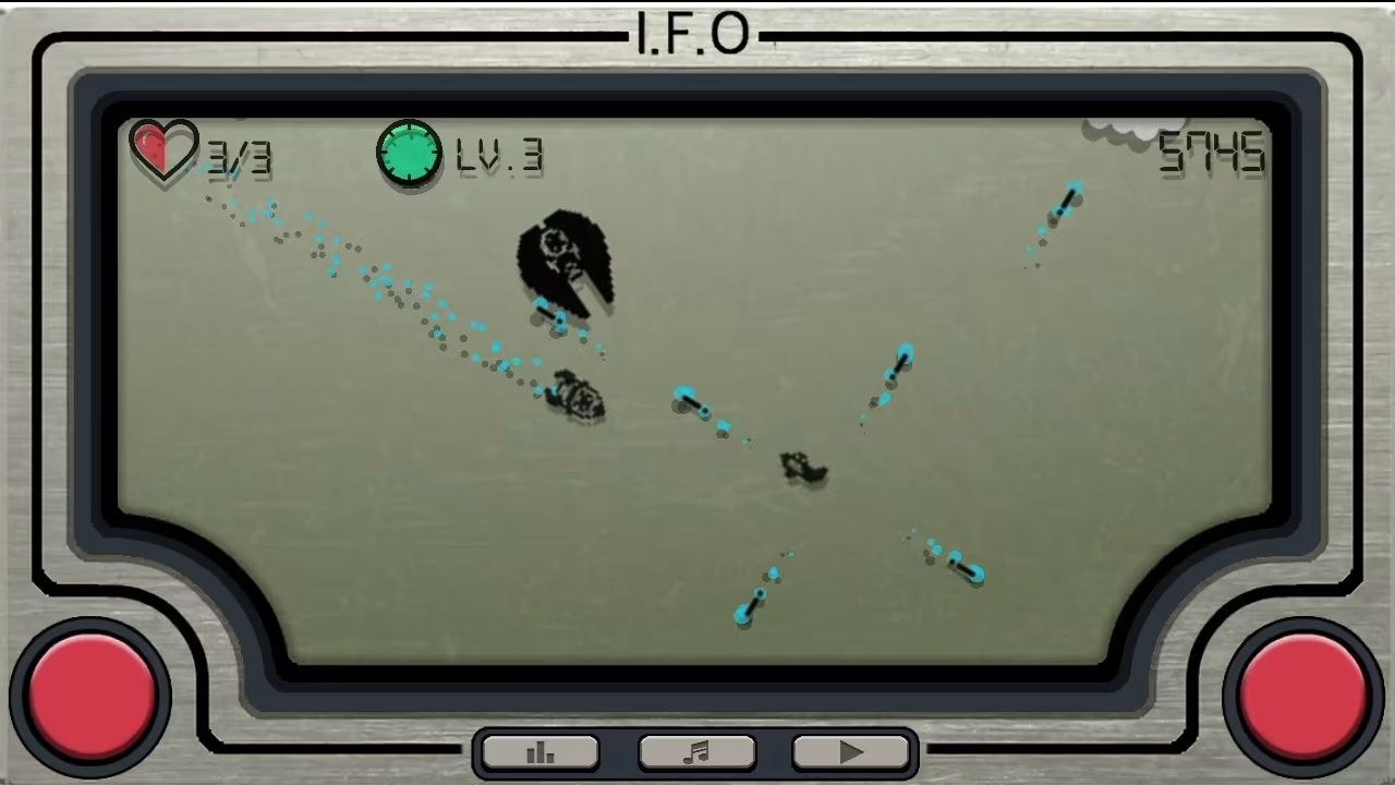 I.F.O appears as an old LCD game, with an airplane facing enemies and firing blue-tipped projectiles in four directions.