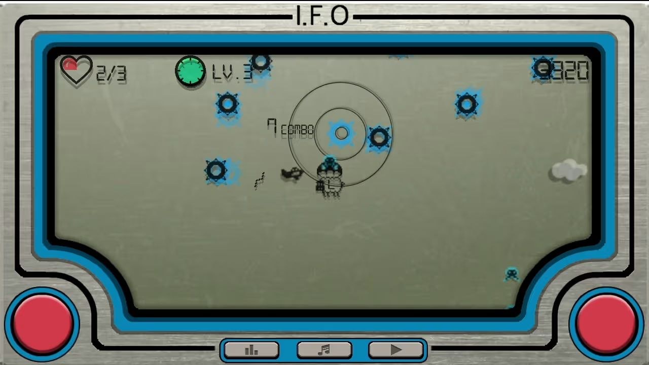 I.F.O appears as an old LCD game, with an airplane flying toward a radiating soundwave an enemy craft emits.