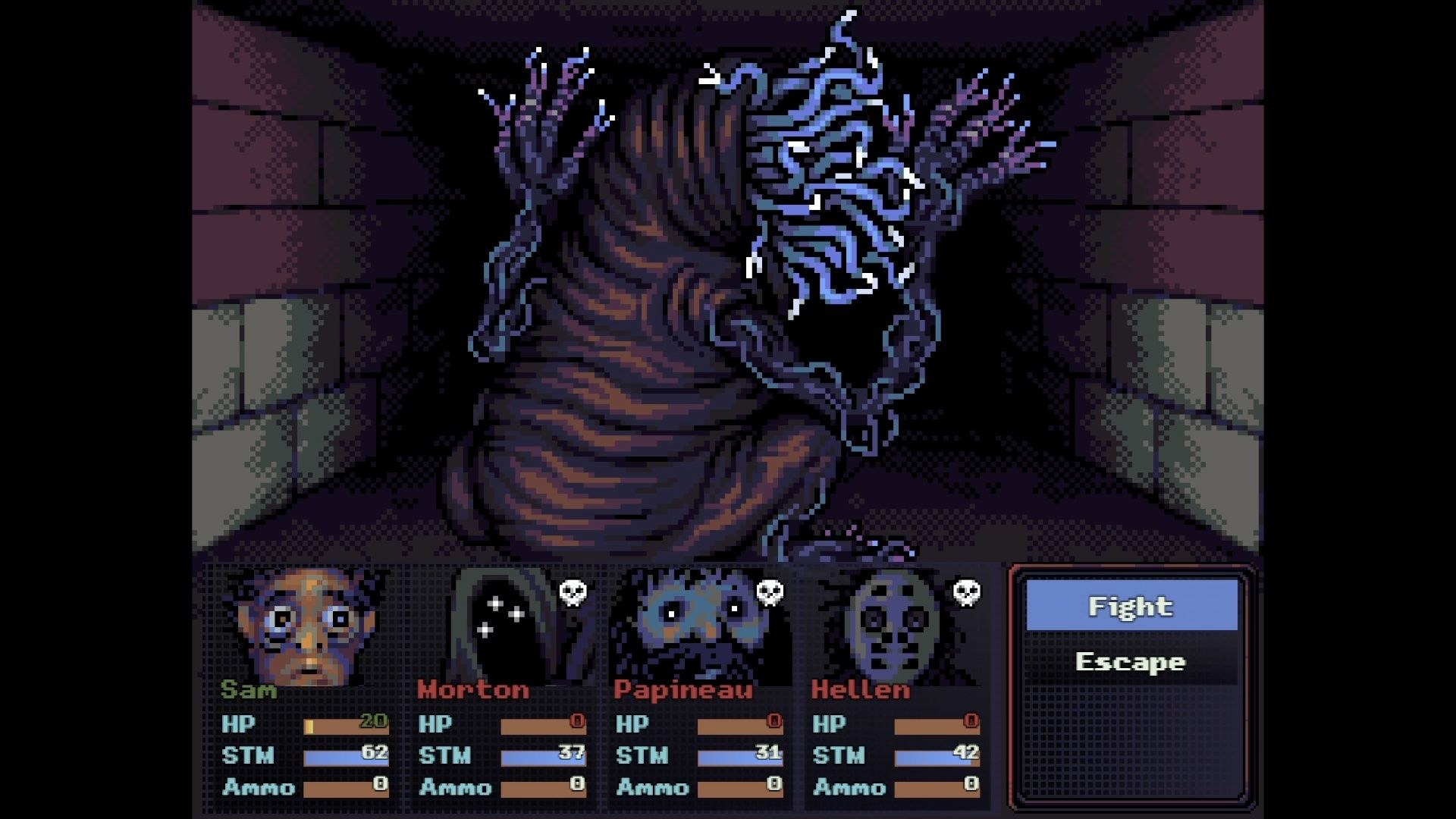 The party can either fight or attempt to escape a sluggish enemy with blue tentacles emerging from its neck.
