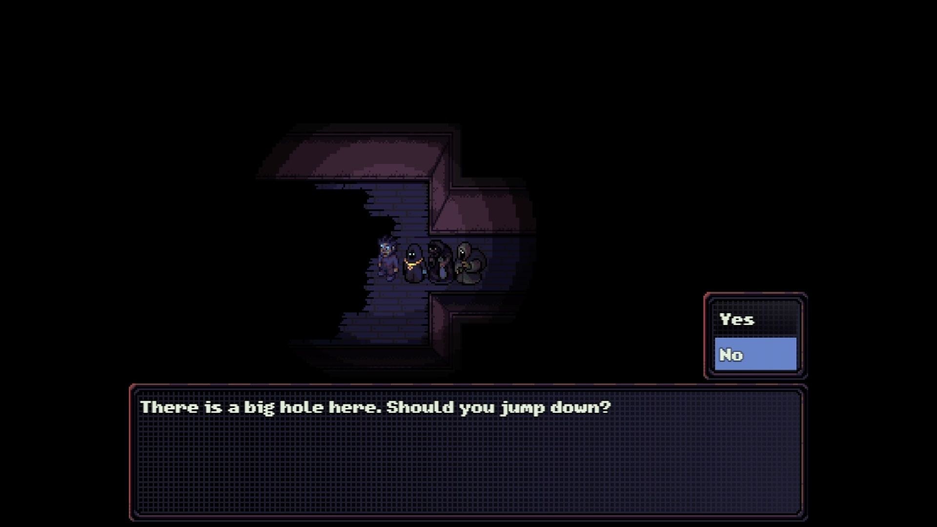 The party has encountered a big hole in the floor and is thinking about jumping down into the blackness.