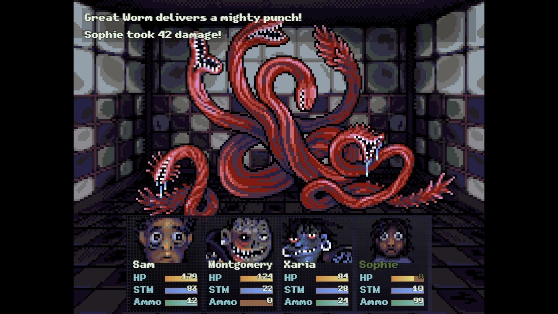A mass of snake-like creatures delivers a mighty punch, somehow. The four party members listed at the bottom appear to be healthy, for now.