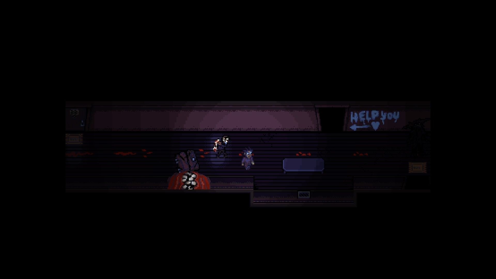 The heroes wander a long corridor, with "Help you" painted in blue on the wall, near a dark doorframe.