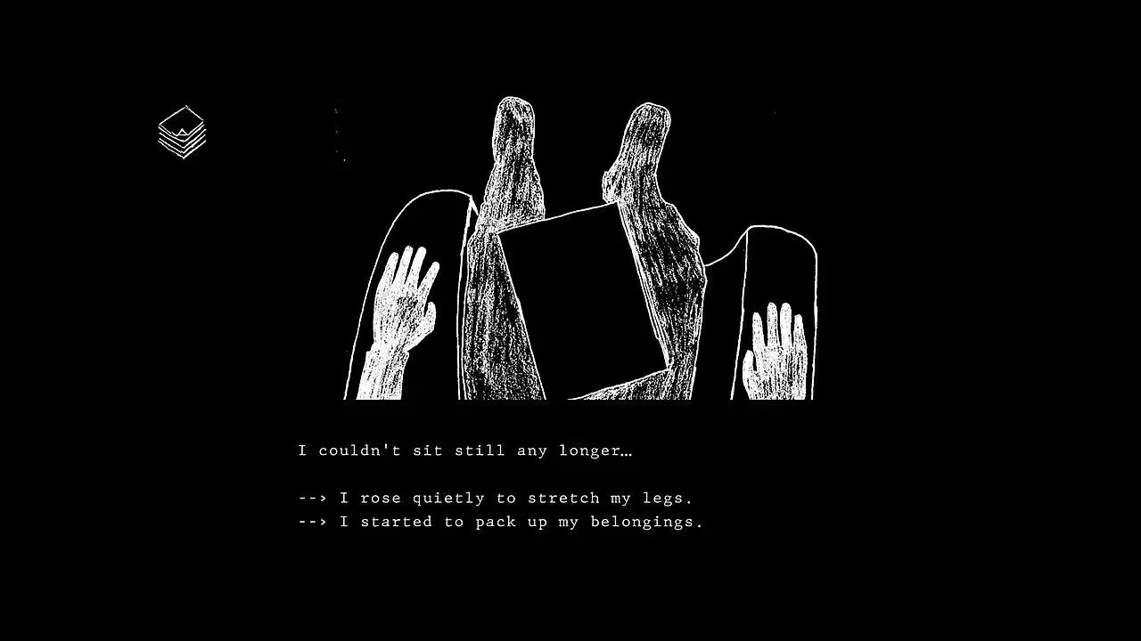 An illustration, white line work on a black backdrop. A figure sits in a chair, hands resting on the arms, legs extended, with a closed book on their lap.