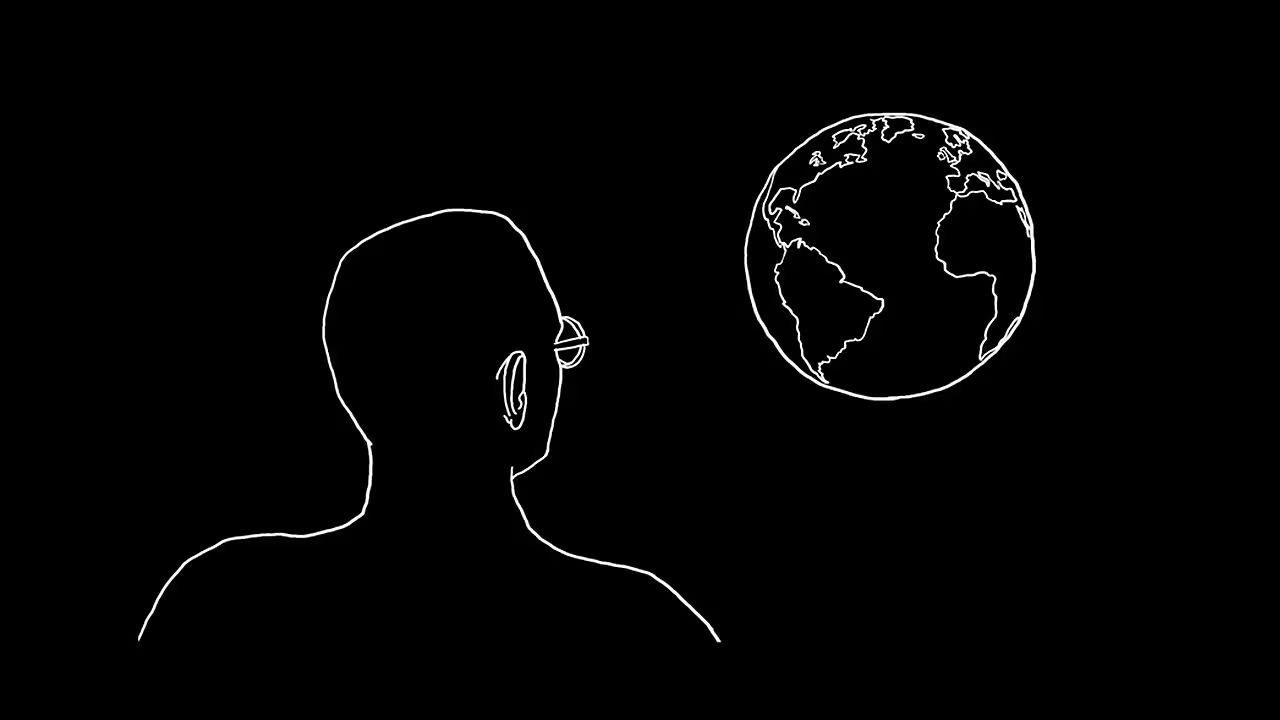 An illustration, white line work on a black backdrop. A figure wearing glasses looks toward an outline of the earth with its continents visible.