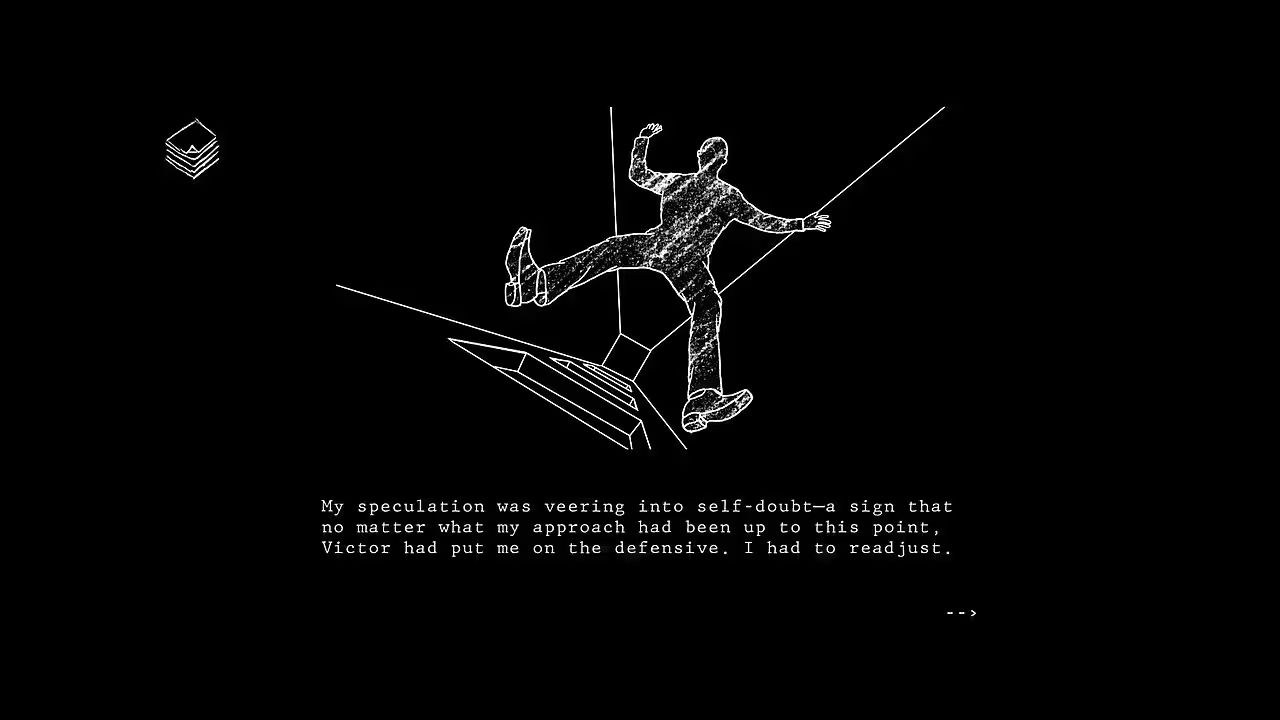 An illustration, white line work on a black backdrop. A figure appears to float in a corridor of some sort, with narrative text beneath the image.