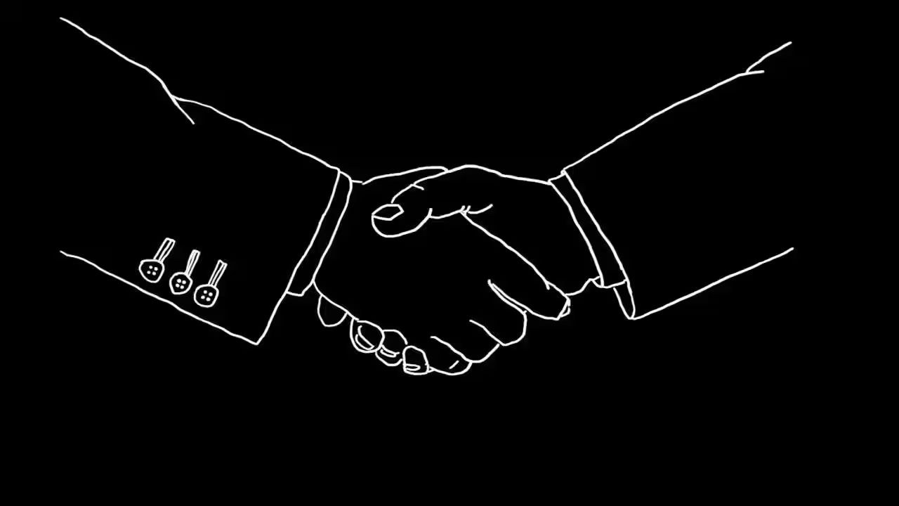 An illustration, white line work on a black backdrop. Two hands are clasped in a firm handshake. One long sleeve has buttons on its cuff.