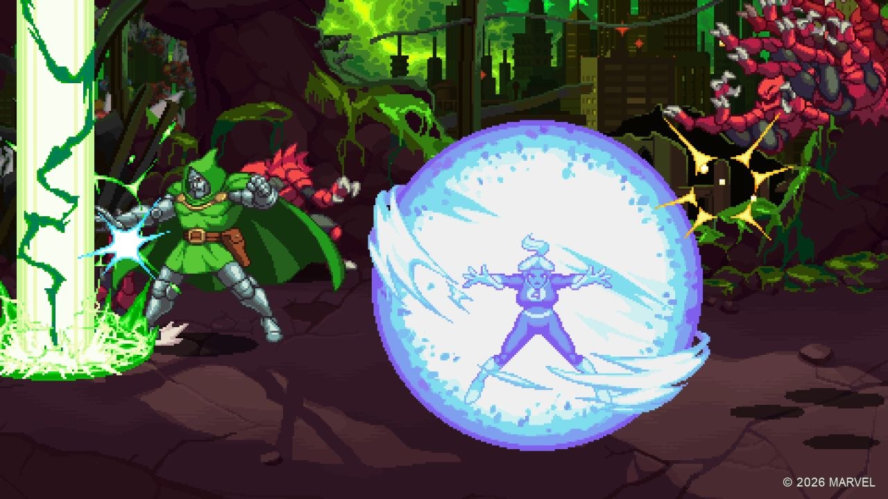 Dr. Doom faces left and calls down a pillar of green energy while Sue Storm stands near the center of the screen, surrounded in blue aura.