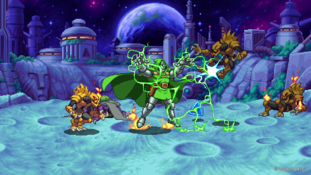 Dr. Doom holds his hands up and green energy crackles between them as enemies converge.