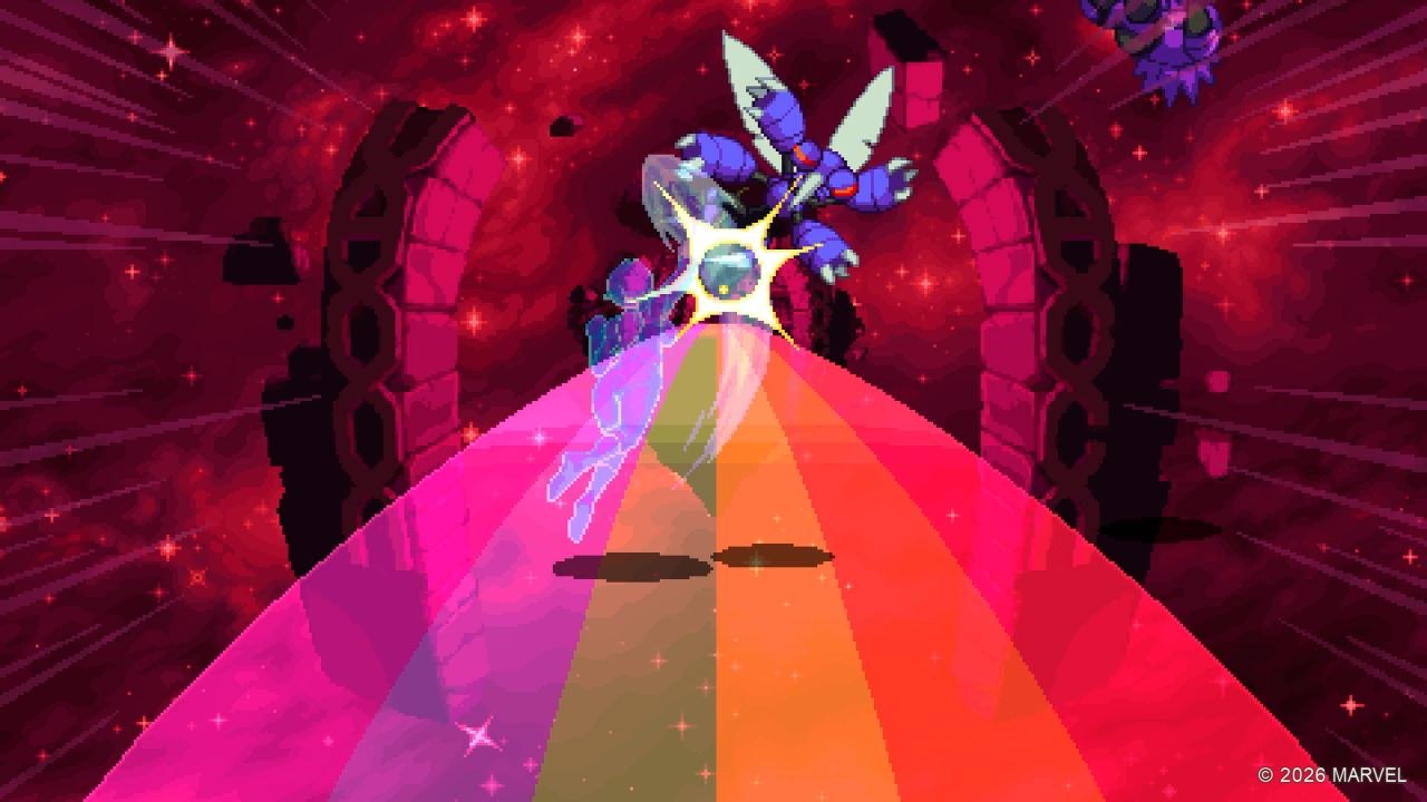 A rainbow of light fills half the screen as a hero wards off flying insect enemies.