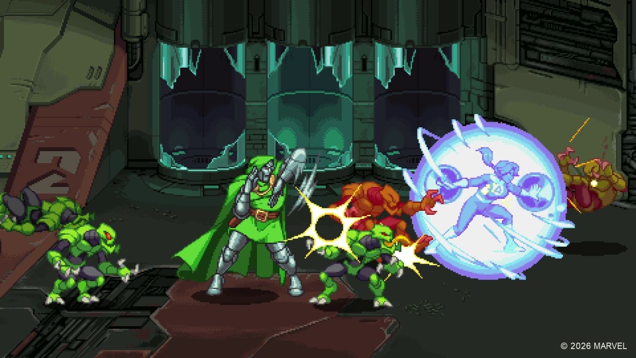 Dr. Doom elbows an enemy while Sue Storm faces foes approaching from the right.