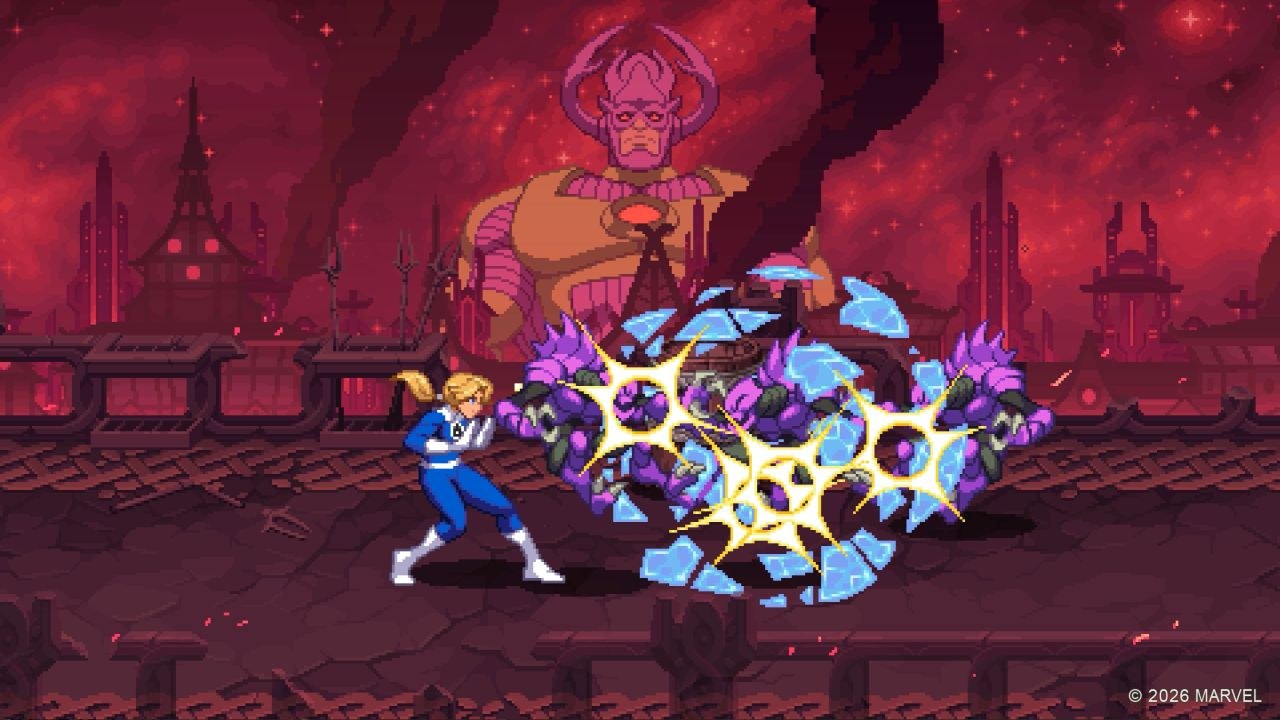 Sue Storm sends a shockwave across a wriggling mass of enemies who are stumbling just to her right.
