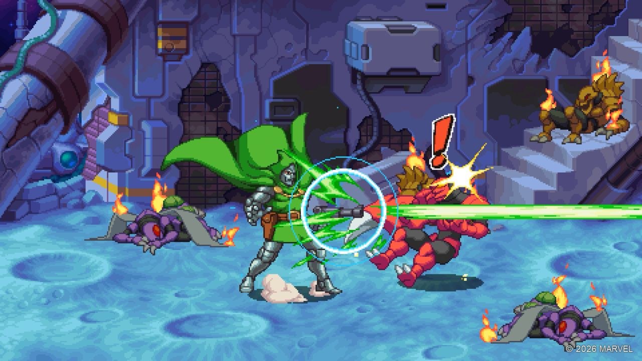Dr. Doom looks startled and mystical as a pistol floating in front of him fires a green laser toward the right.