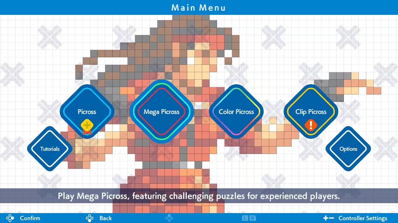A menu showing options available: Tutorials, Picross, Mega Picross, Color Picross, Clip Picross, and Options.
