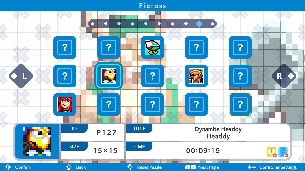 A screen with available puzzles indicated, some of them cleared with portraits showing from classic games like Fantasy Zone.