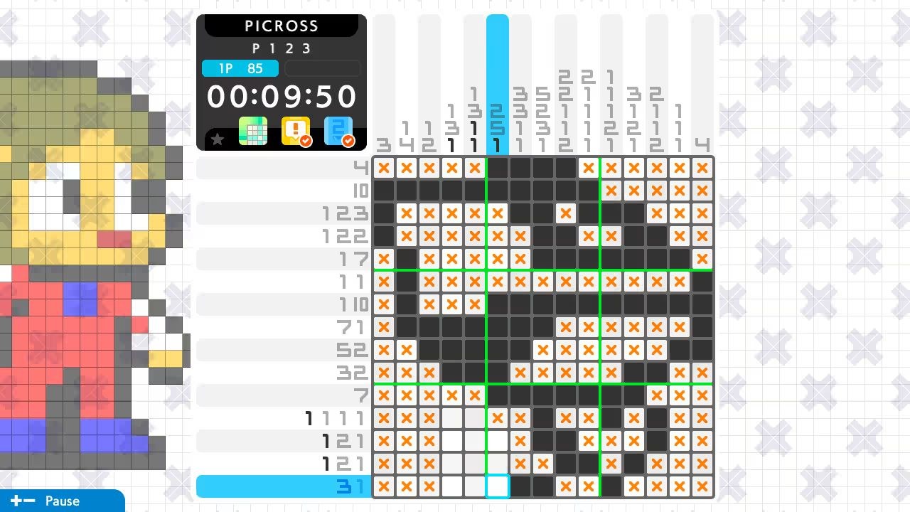 A puzzle with a grid of blocks and X symbols, with a pixelated Alex Kidd looking on from the left.