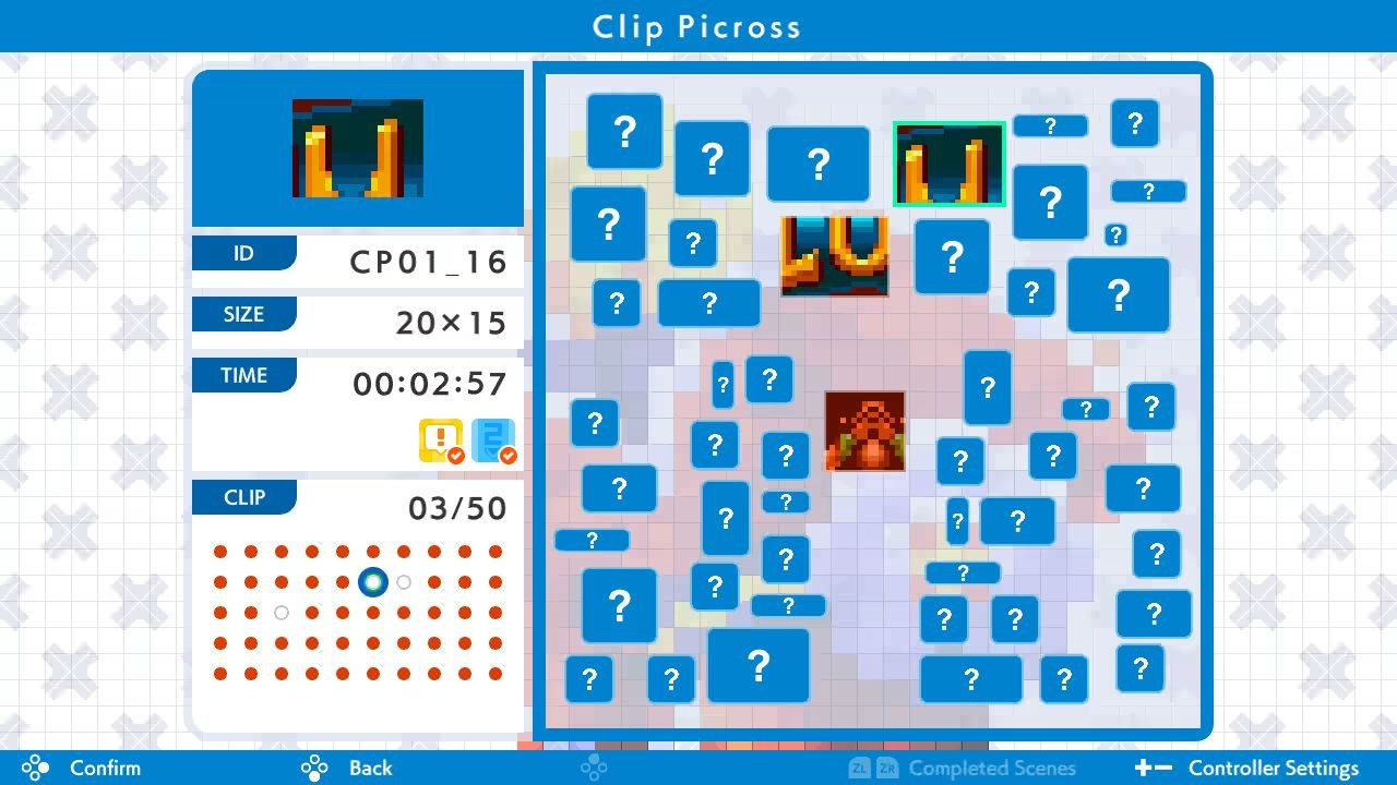 An image showing the Clip Picross mode, which includes a lot of ? symbols on a grid.