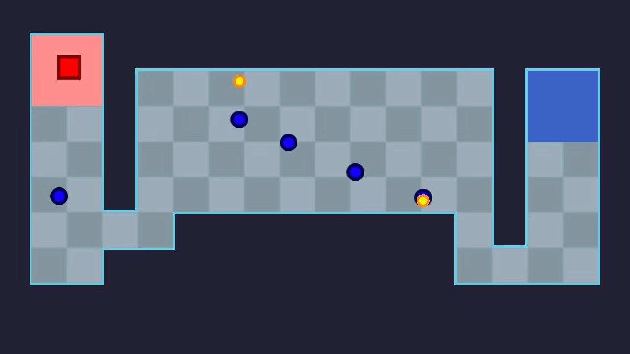 Blue dots positioned along an oddly shaped grid, with a red square near the upper left.
