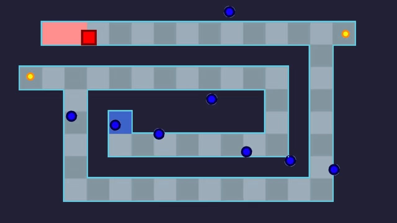 A path winds its way toward a red square near the upper left side of the map.