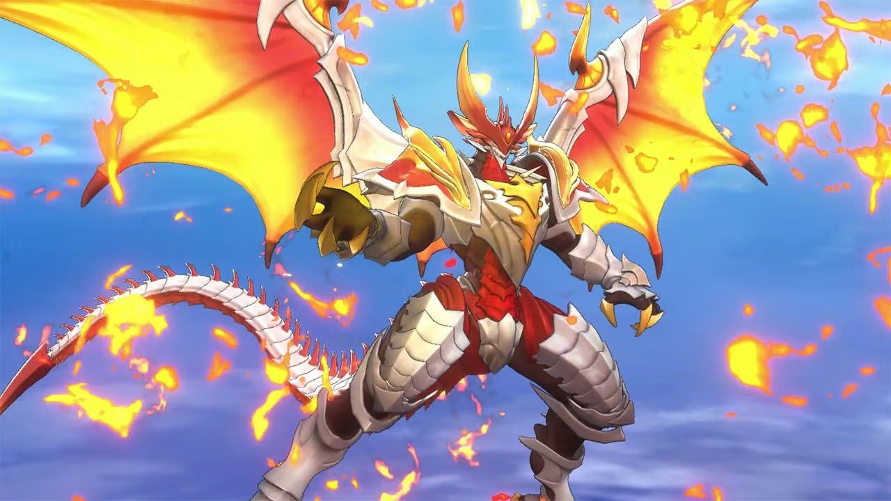 A creature with claws for hands, and a long tail and orange wings, with flames dancing around its body and horned head.