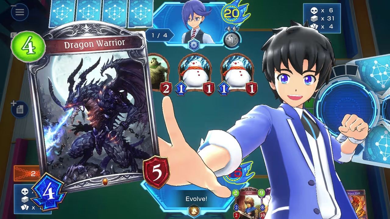 A young male extends his hand, issuing a card for the Dragon Warrior character type, which is illustrated as a dragon creature breathing blue flames.