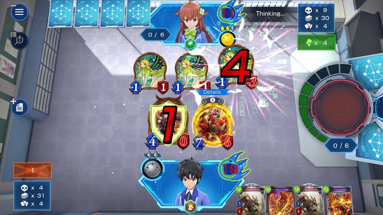 A playing field shows the hero on the bottom of the screen with cards, and a female opponent at the top who is apparently thinking about her next move.
