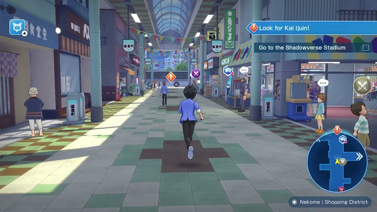 The hero runs along a hallway in an indoor mall on their way to the Shadowverse Stadium.